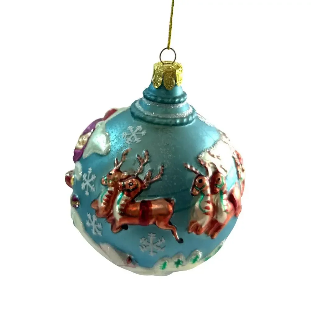Santa’s Best 2002 Santa Sleigh Reindeer Glass Christmas Ornament 5.5”